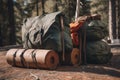 Backpack and camping equipment on the rocks in the forest. Travel concept, travel bags in front of a camping tent hiking gear, AI