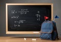 Backpack, Chalkboard, and Math Equations: A Back to School Scene Royalty Free Stock Photo