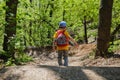 Backpack child hiking summer green. cheerful