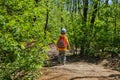 Backpack child hiking summer green. childhood