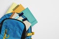 Backpack with different school stationery on white background, top view. Space for text Royalty Free Stock Photo