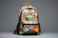 Backpack with drawings on a gray background. 3d rendering. Backpack with school supplies on gray background, AI Generated