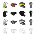 Backpack equipment, bicyclist sneakers, protective helmet, overalls. Cyclist outfit set collection icons in cartoon