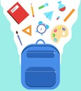 Backpack with flying school supplies. Back to school, knowledge day. Poster, greeting card