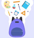 Backpack with flying school supplies. Back to school, knowledge day. Poster, greeting card