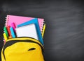 Backpack full of school supplies over black school board background Royalty Free Stock Photo