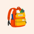 Backpack full stationery and study supplies. Colorful schoolbag with copybooks, rulers, pencil