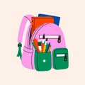 Backpack full stationery and study supplies. Colorful schoolbag with textbooks, rulers, pens, pencils