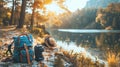 A backpack and hat sitting on the ground next to a lake, AI Royalty Free Stock Photo