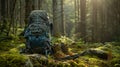 The backpack and boots in forest. AI generated Royalty Free Stock Photo