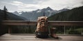 backpack and hiking boots rest on a wooden deck with a mo three generative AI