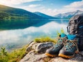 Backpack and hiking boots at the shore of beautiful scenic mountain lake Royalty Free Stock Photo