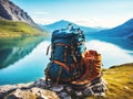 Backpack and hiking boots at the shore of beautiful scenic mountain lake Royalty Free Stock Photo