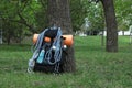 Backpack with hiking equipment near tree on green grass. Space for text Royalty Free Stock Photo