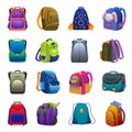 Backpack icons set, cartoon style