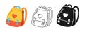 Backpack kids school icon cartoon line drawn stamp doodle set sign bag student or tourist symbol