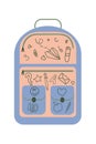 Backpack kids school icon cartoon line drawn or stamp, doodle set. Simple sign bag for school children, student