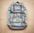 Backpack with leather elements on wood board