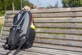 Backpack left on the bench, Concept, suspicious luggage, lost items Royalty Free Stock Photo