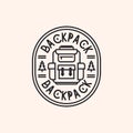 Backpack logo consisting of packsack and fir tree line style for camping emblem, tourist