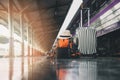 Backpack, luggage and hat at train station. Travel concept Royalty Free Stock Photo