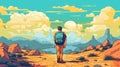 backpack man journey person landscape hike trek desert travel walking adventure. Generative AI.