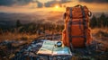 Backpack, map and compass on the background of the horizon. Royalty Free Stock Photo