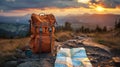 Backpack, map and compass on the background of the horizon. Royalty Free Stock Photo