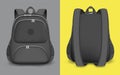 Backpack mockup set, vector isolated illustration. Realistic black school bag, rucksack with zipper, handle, straps Royalty Free Stock Photo