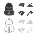 Backpack, mountains, map of the area, binoculars. Camping set collection icons in black,outline style vector symbol