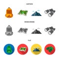 Backpack, mountains, map of the area, binoculars. Camping set collection icons in cartoon,flat,monochrome style vector