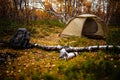 Backpack next to the tourist tent in the autumn forest, Kungsleden, Lappland, Schweden