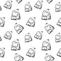 Backpack pattern. Hand drawn rucksack, sketch style seamless vector.