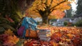 Backpack and pile of books resting on a bed of colorful autumn leaves under a tree Royalty Free Stock Photo