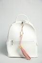 Backpack with pink leather keychain on grey background Royalty Free Stock Photo
