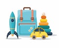 Backpack, pyramid, car and rocket. Clorful Kids toys Royalty Free Stock Photo