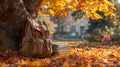 Backpack resting on a stack of books amidst colorful autumn leaves under a sprawling tree Royalty Free Stock Photo