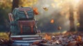 The Backpack and Books in Autumn. AI generated Royalty Free Stock Photo
