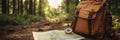 Exploring nature with a compass and map beside a backpack in a lush forest at golden hour. Generative AI Royalty Free Stock Photo