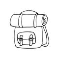 backpack and rolled blanket icon. hand drawn doodle. , scandinavian, nordic, minimalism, monochrome. hike, travel