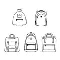 Backpack rucksack set. Doodle black and white simple vector illustration