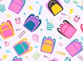 Backpack school seamless vector design. School bag colorful elements and learning items and supplies.