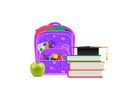 Backpack with school supplies. Front view, illustration