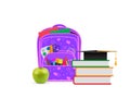 Backpack with school supplies. Front view, vector illustration