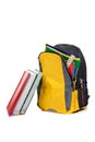 Backpack with school supplies on white