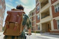 backpack on shoulders of student cycling past college dorms