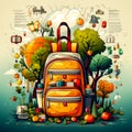 Backpack sitting in the middle of field with trees and pumpkins. Generative AI Royalty Free Stock Photo