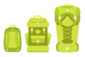 Backpack size. Baggage scale. Selection of hiking equipment. For travel adventure. Flat vector infographic. Green color.
