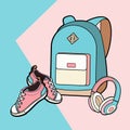 Backpack, sneakers and headphones isolated set. Youth fashion hipster rucksack, shoes illustration.