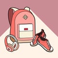 Backpack, sneakers and headphones vector isolated set. Youth fashion hipster rucksack, shoes illustration in minimalist style.